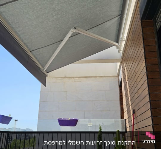 מרפסת עם סוכך, כיסאות וצמחים